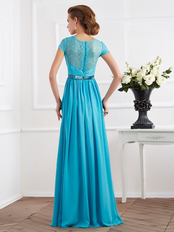 A-Line/Princess V-neck Beading Short Sleeves Long Chiffon Dresses 5433