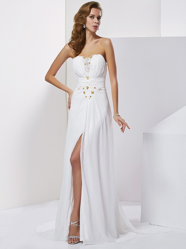 A-Line/Princess Sweetheart Applique Sleeveless Beading Long Chiffon Dresses 4897