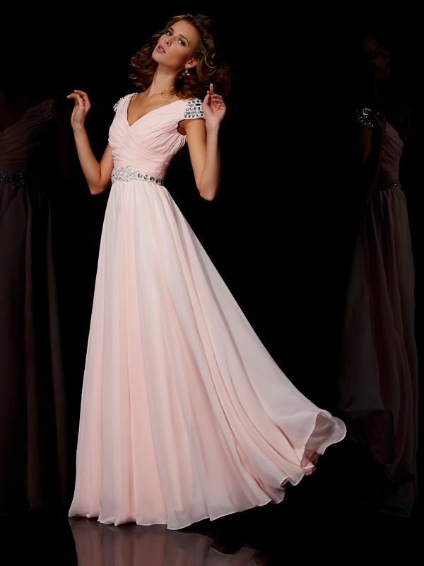 A-Line/Princess V-neck Short Sleeves Ruffles Long Chiffon Dresses 5509