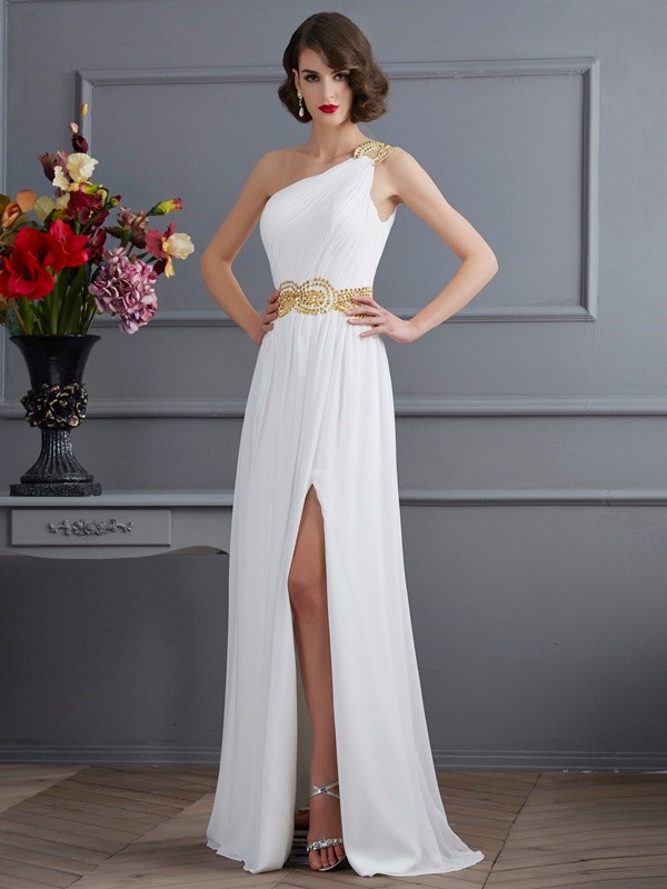 A-Line/Princess One-Shoulder Sleeveless Ruched Long Chiffon Dresses 3932