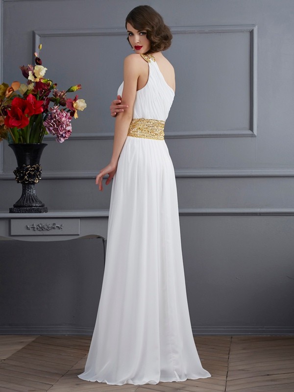 A-Line/Princess One-Shoulder Sleeveless Ruched Long Chiffon Dresses 3932