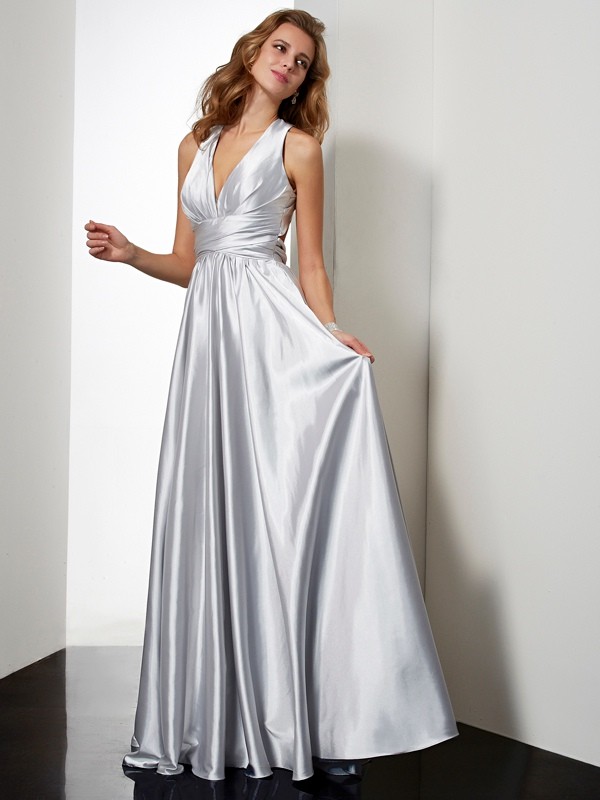 Sheath/Column Halter Sleeveless Pleats Long Elastic Woven Satin Dresses 5968