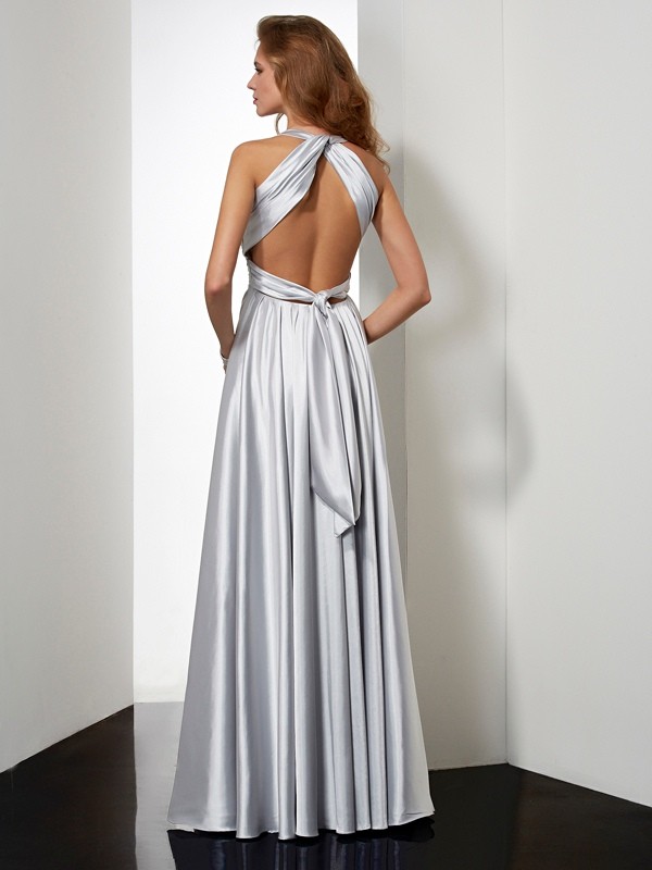 Sheath/Column Halter Sleeveless Pleats Long Elastic Woven Satin Dresses 5968