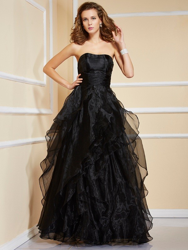 A-Line/Princess Strapless Sleeveless Ruffles Long Organza Dresses 4789