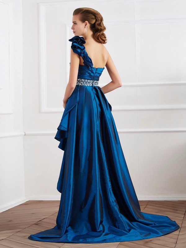 A-Line/Princess One-Shoulder Sleeveless Beading High Low Taffeta Dresses 3884