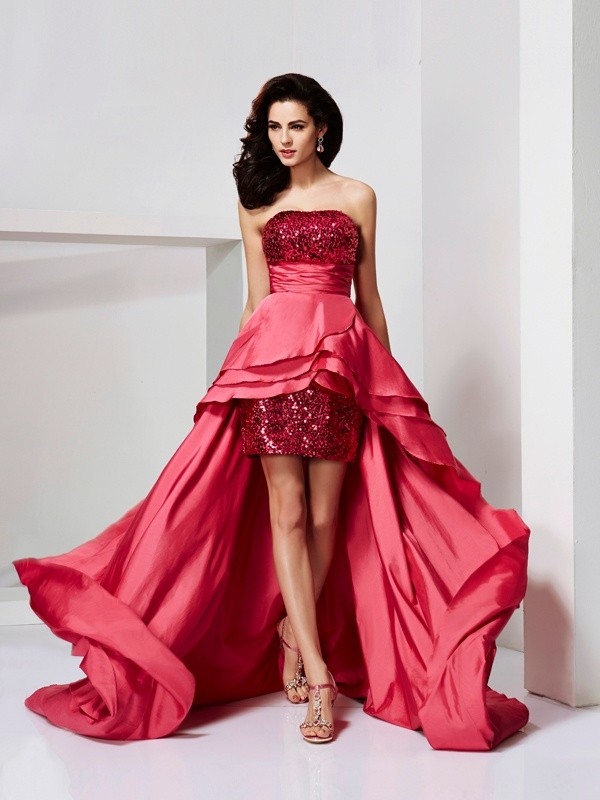 A-Line/Princess Strapless Sleeveless Lace High Low Taffeta Dresses 4778