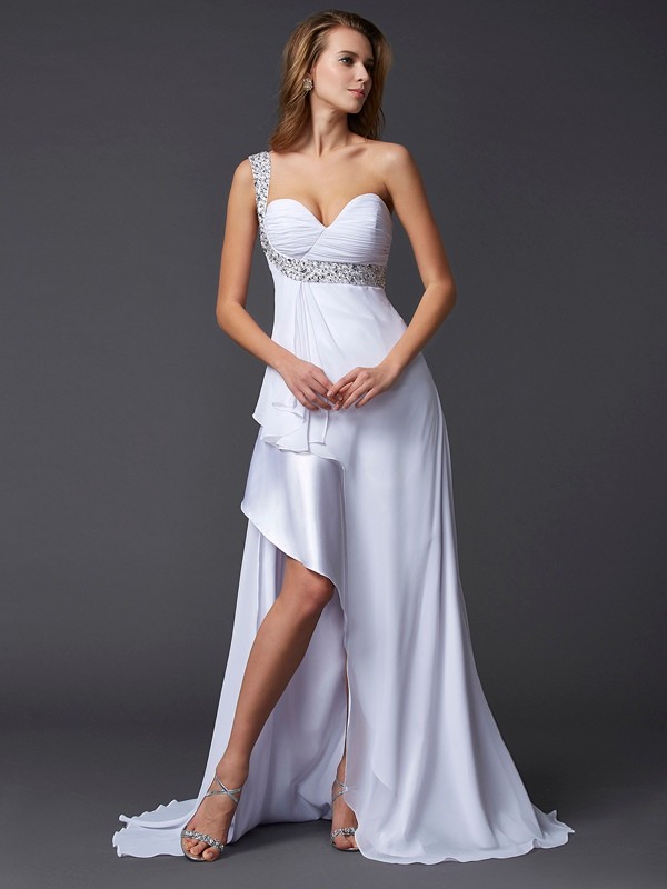 A-Line/Princess One-Shoulder Sleeveless Beading Long Chiffon Dresses 3888