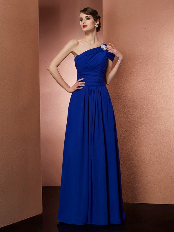 A-Line/Princess One-Shoulder Sleeveless Pleats Long Chiffon Dresses 3921