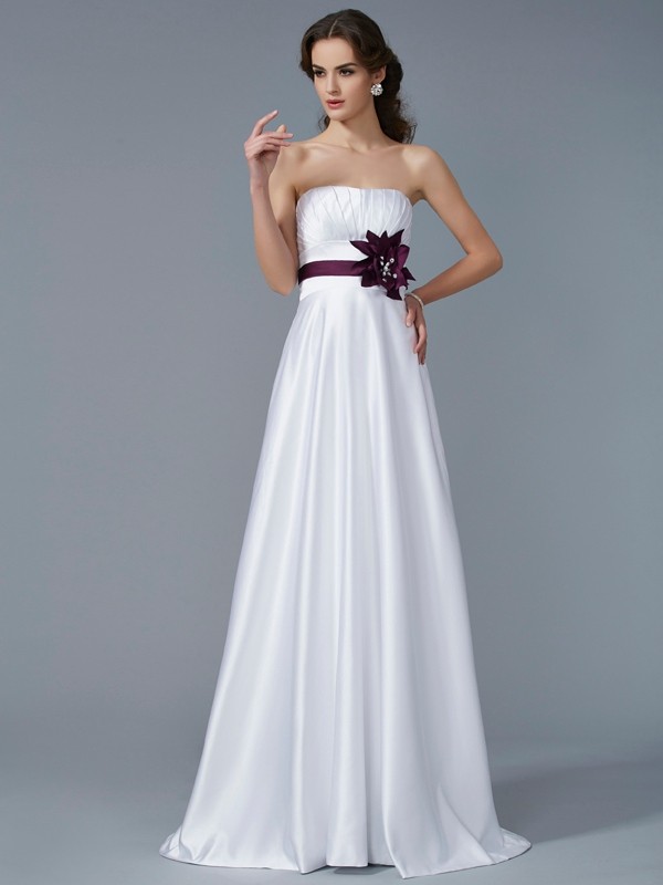 A-Line/Princess Strapless Sleeveless Hand-Made Flower Long Satin Dresses 4777