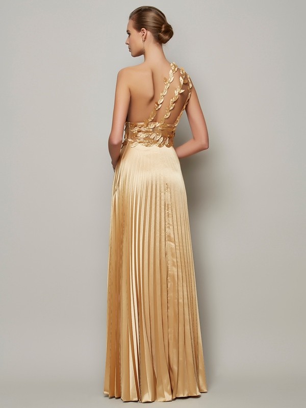 A-Line/Princess One-Shoulder Sleeveless Hand-Made Flower Long Elastic Woven Satin Dresses 3908