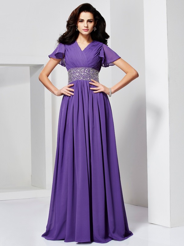 A-Line/Princess V-neck Short Sleeves Beading Long Chiffon Dresses 5502