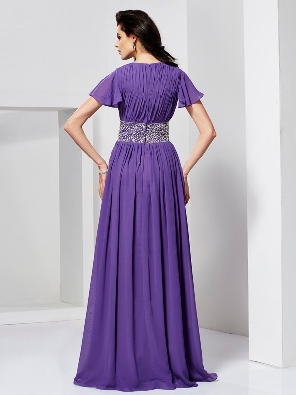 A-Line/Princess V-neck Short Sleeves Beading Long Chiffon Dresses 5502