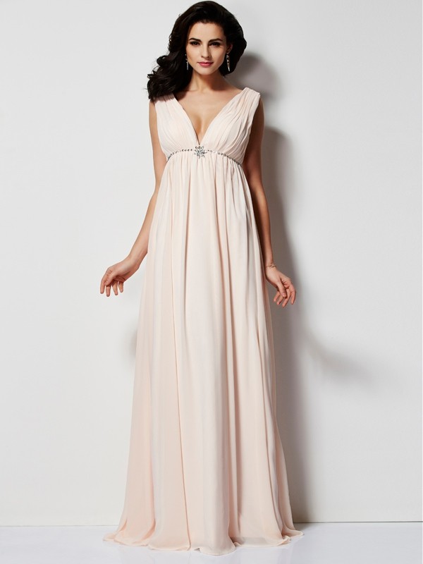 A-Line/Princess V-neck Sleeveless Pleats Long Chiffon Dresses 5548