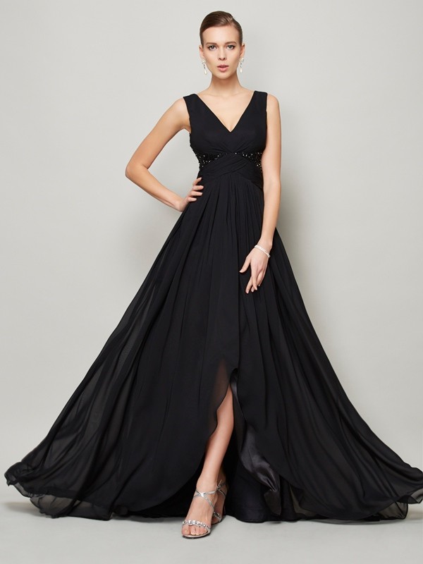 A-Line/Princess V-neck Sleeveless Beading Long Chiffon Dresses 5518