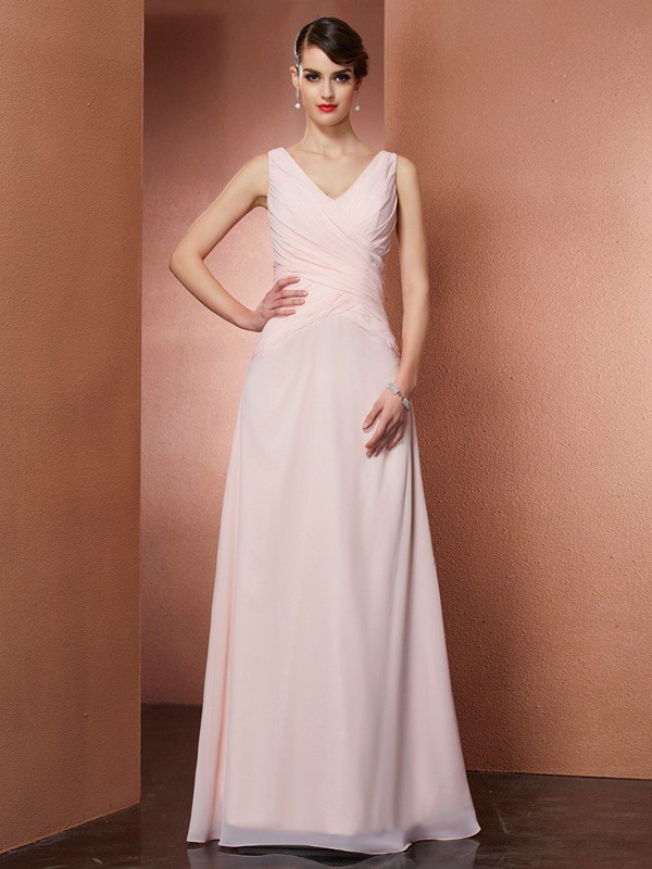 A-Line/Princess V-neck Sleeveless Pleats Long Chiffon Dresses 5549