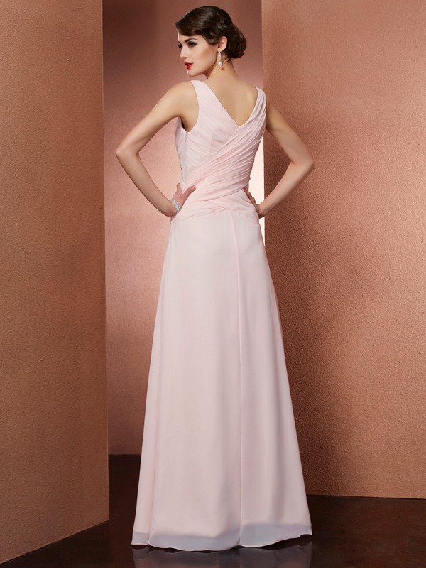 A-Line/Princess V-neck Sleeveless Pleats Long Chiffon Dresses 5549