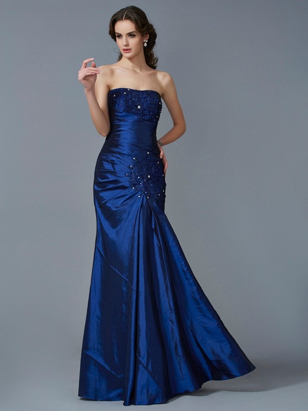 Trumpet/Mermaid Strapless Sleeveless Applique Long Taffeta Dresses 7416