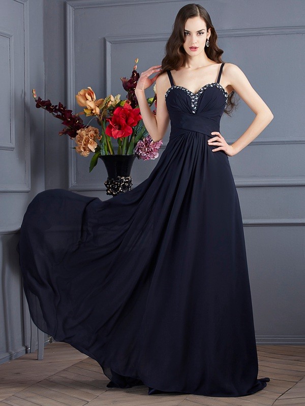 A-Line/Princess Spaghetti Straps Sleeveless Beading Long Chiffon Dresses 4712