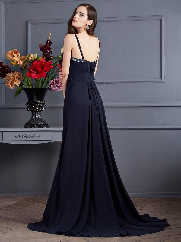 A-Line/Princess Spaghetti Straps Sleeveless Beading Long Chiffon Dresses 4712