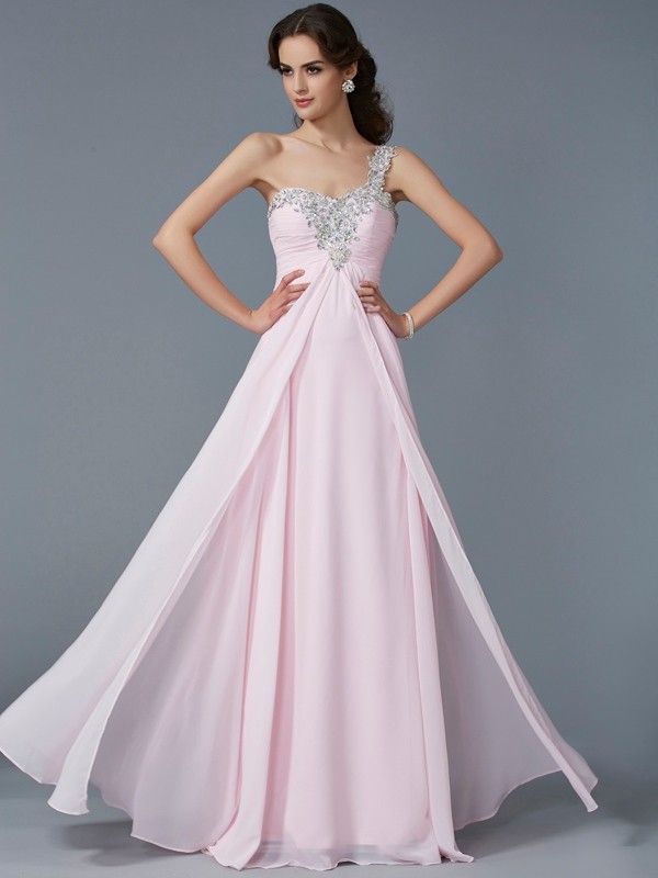 A-Line/Princess One-Shoulder Applique Sleeveless Beading Long Chiffon Dresses 3830