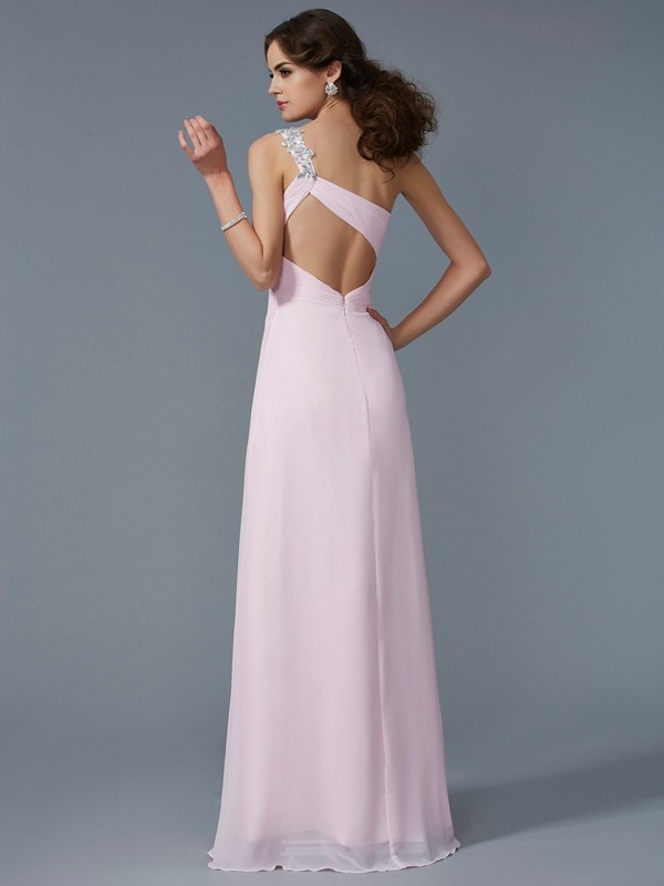 A-Line/Princess One-Shoulder Applique Sleeveless Beading Long Chiffon Dresses 3830