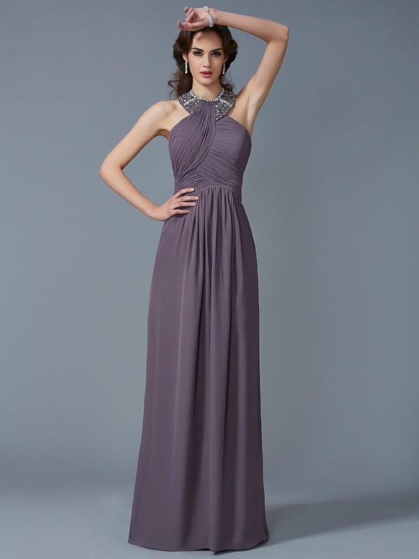 Sheath/Column High Neck Sleeveless Beading Long Chiffon Dresses 5989