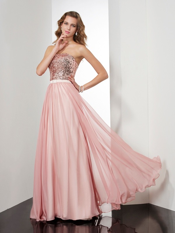 A-Line/Princess Strapless Sleeveless Paillette Long Chiffon Dresses 4782