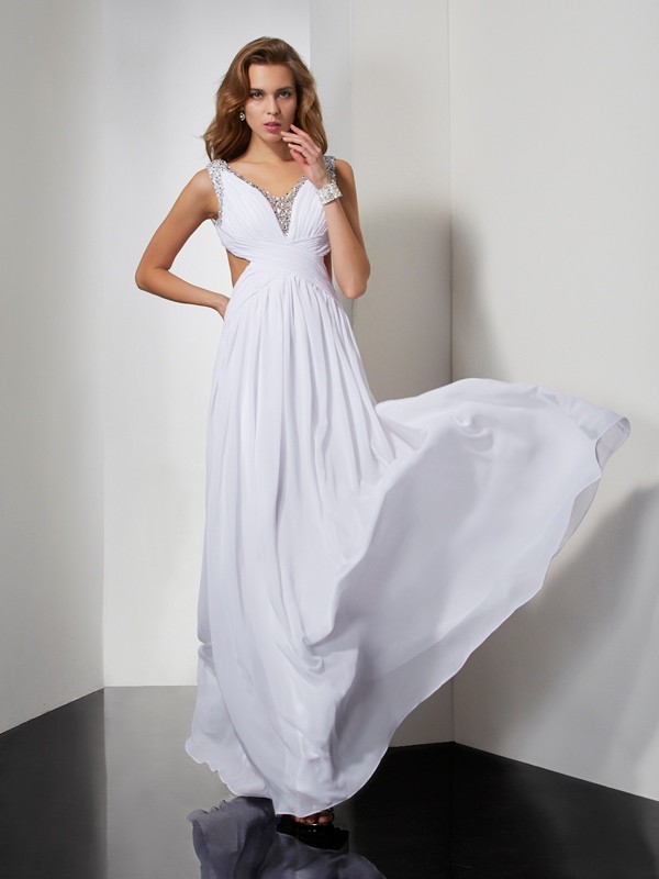 A-Line/Princess Straps Sleeveless Beading Long Chiffon Dresses 4840