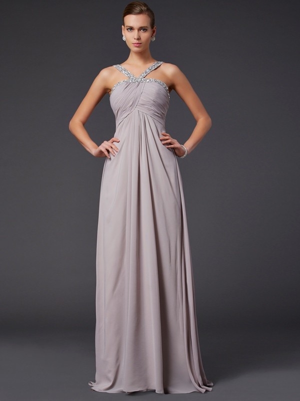 A-Line/Princess Halter Sleeveless Beading Long Chiffon Dresses 3584