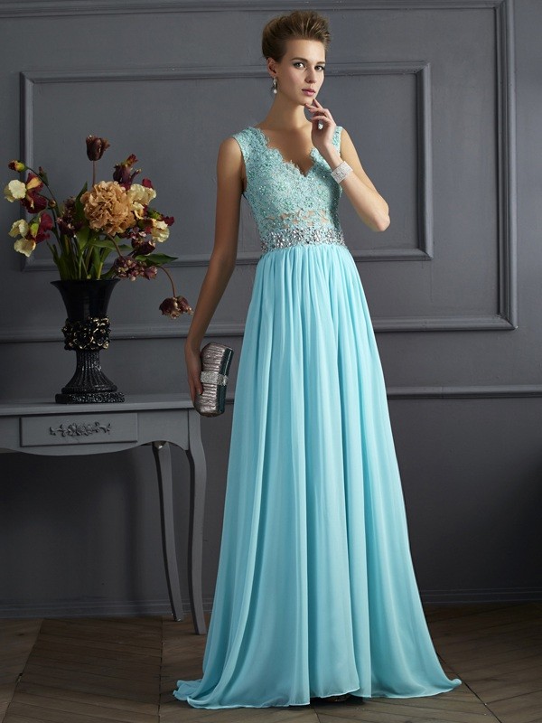 A-Line/Princess Straps Sleeveless Beading Lace Long Chiffon Dresses 4839