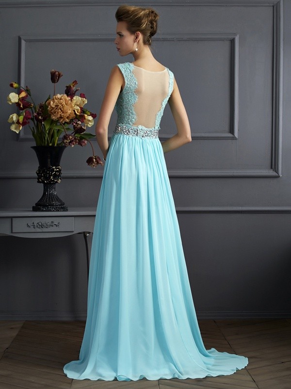 A-Line/Princess Straps Sleeveless Beading Lace Long Chiffon Dresses 4839