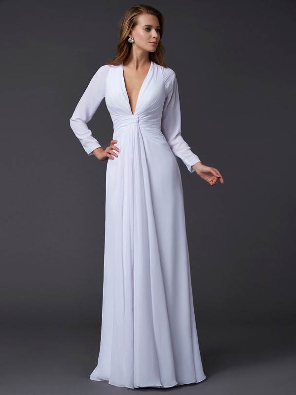 Sheath/Column V-neck Long Sleeves Ruched Long Chiffon Dresses 6880