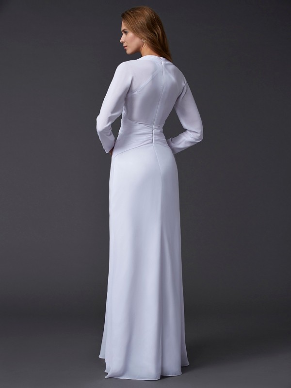 Sheath/Column V-neck Long Sleeves Ruched Long Chiffon Dresses 6880