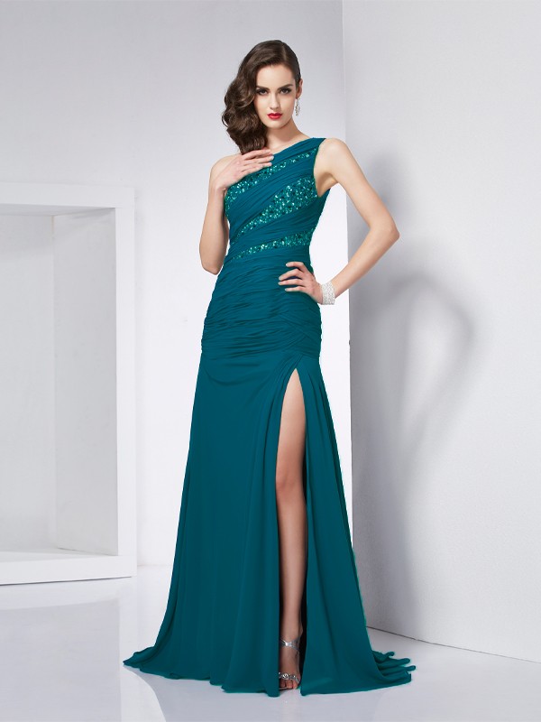 A-Line/Princess One-Shoulder Sleeveless Beading Long Chiffon Dresses 3889