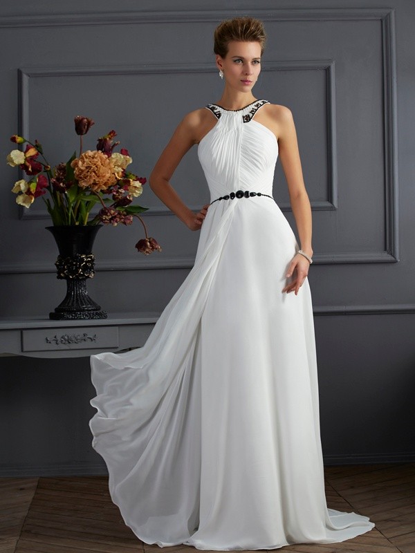 A-Line/Princess High Neck Sleeveless Beading Long Chiffon Dresses 3641