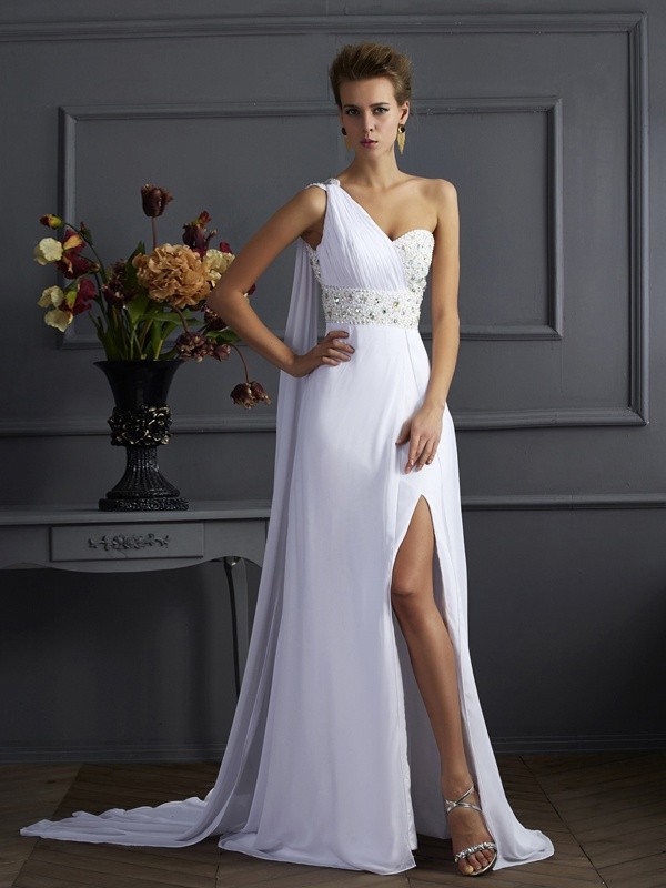 Sheath/Column One-Shoulder Sleeveless Beading Long Chiffon Dresses 6182