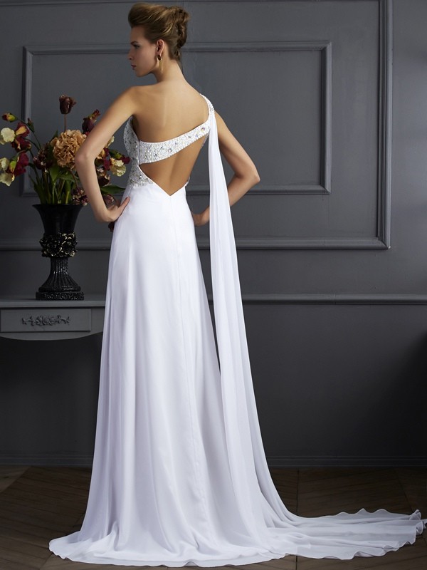 Sheath/Column One-Shoulder Sleeveless Beading Long Chiffon Dresses 6182