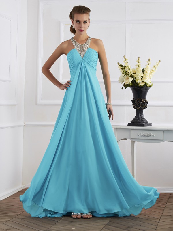 Empire Halter Sleeveless Beading Long Chiffon Dresses 5815