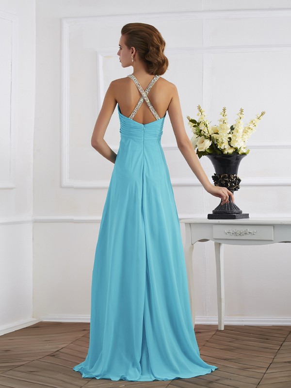 Empire Halter Sleeveless Beading Long Chiffon Dresses 5815