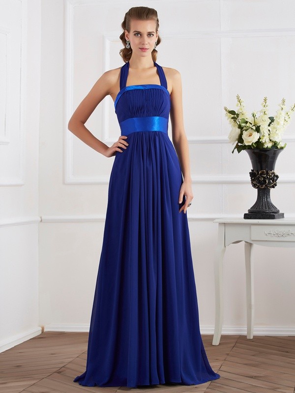 A-Line/Princess Halter Sleeveless Ruched Long Chiffon Dresses 3606