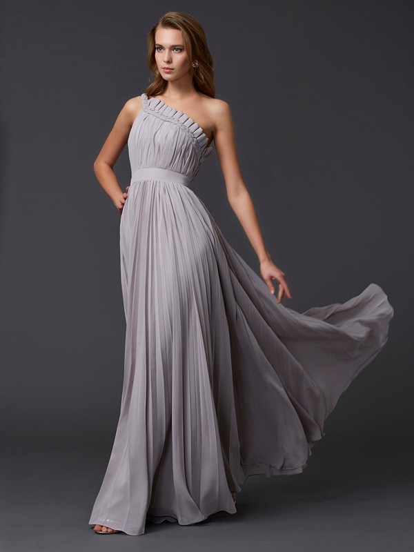 A-Line/Princess One-Shoulder Sleeveless Pleats Long Chiffon Dresses 3923