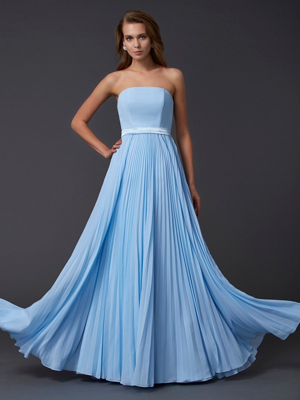 A-Line/Princess Strapless Sleeveless Ruched Long Chiffon Dresses 4787