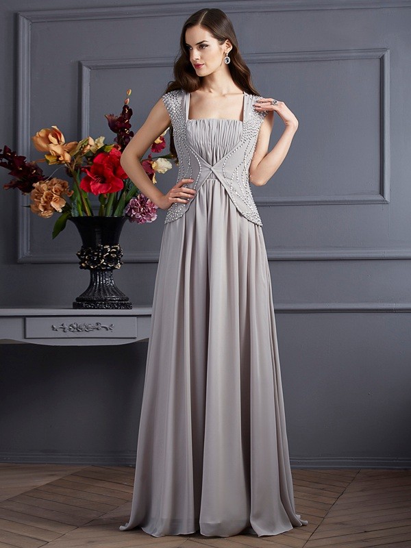 A-Line/Princess Square Sleeveless Beading Long Chiffon Dresses 4743