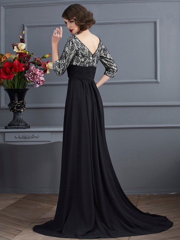 Sheath/Column V-neck 3/4 Sleeves Lace Long Chiffon Dresses 6868