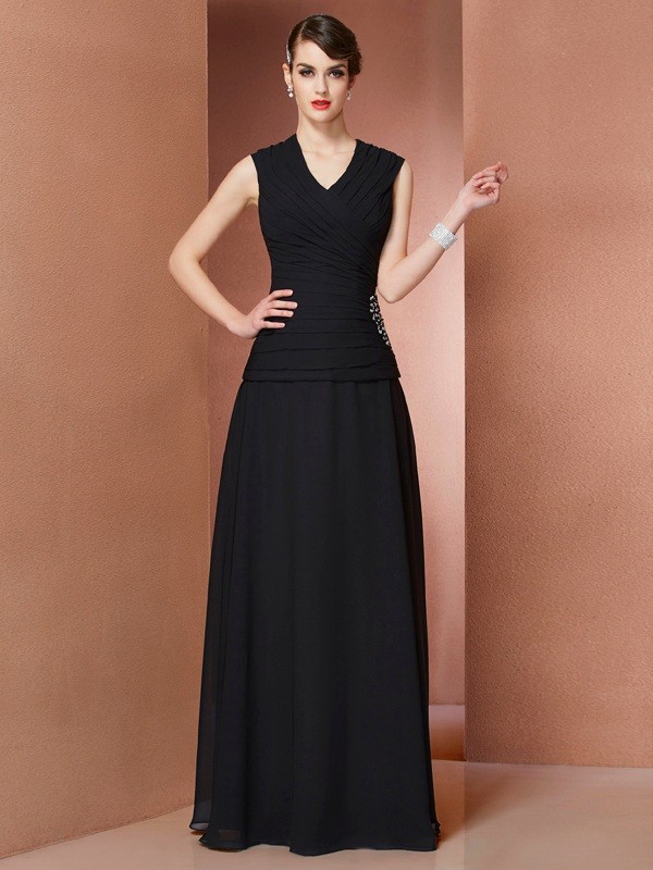 A-Line/Princess V-neck Sleeveless Beading Long Chiffon Dresses 5519