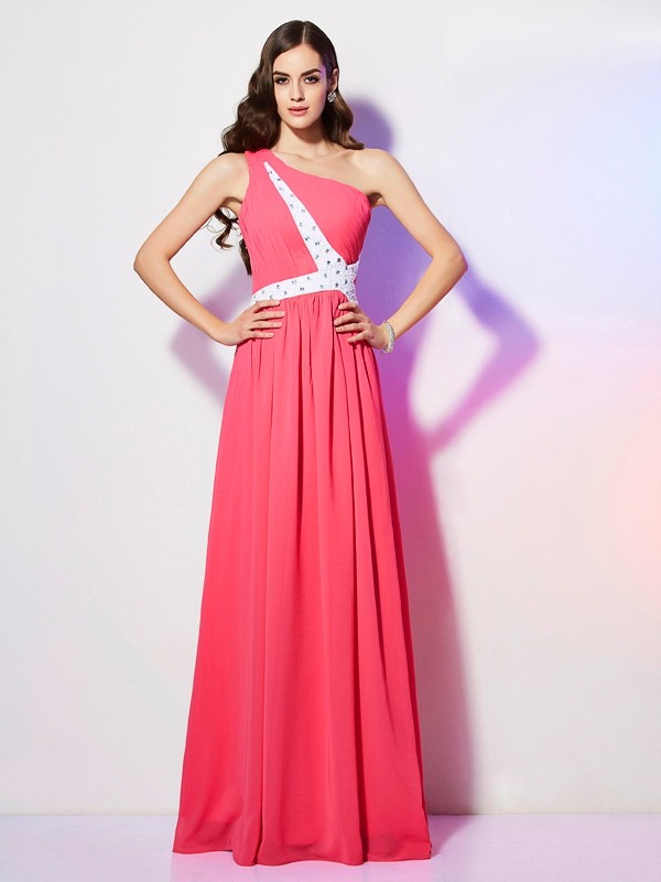 A-Line/Princess One-Shoulder Sleeveless Beading Long Chiffon Dresses 3890