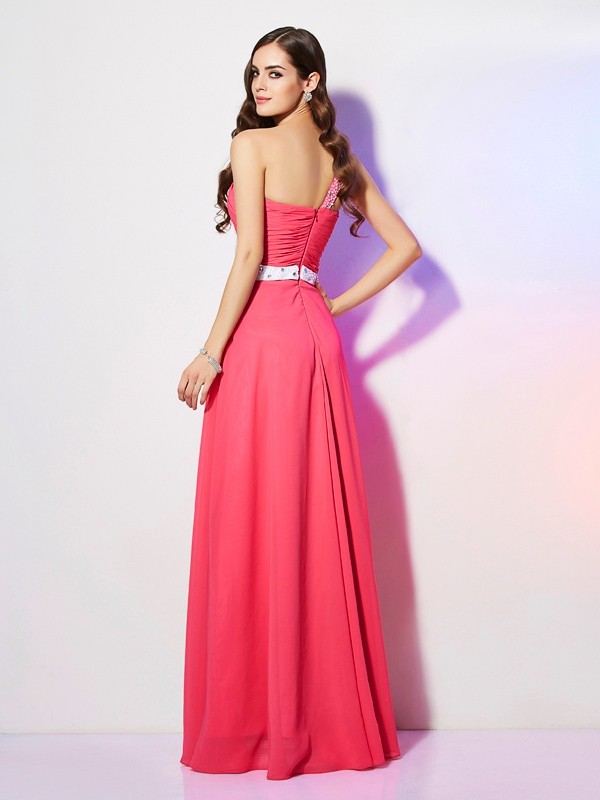 A-Line/Princess One-Shoulder Sleeveless Beading Long Chiffon Dresses 3890