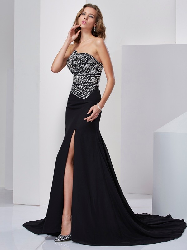 A-Line/Princess Strapless Sleeveless Beading Long Chiffon Dresses 4767