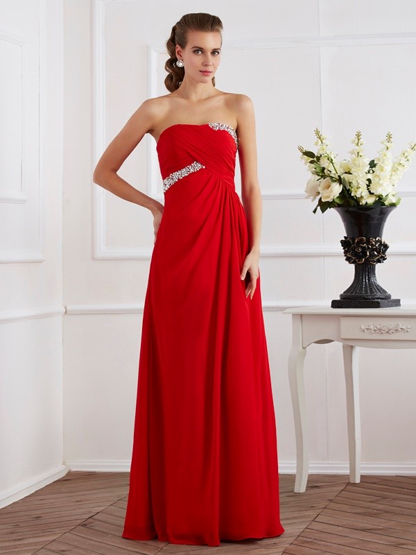 Sheath/Column Strapless Sleeveless Beading Long Chiffon Dresses 6678