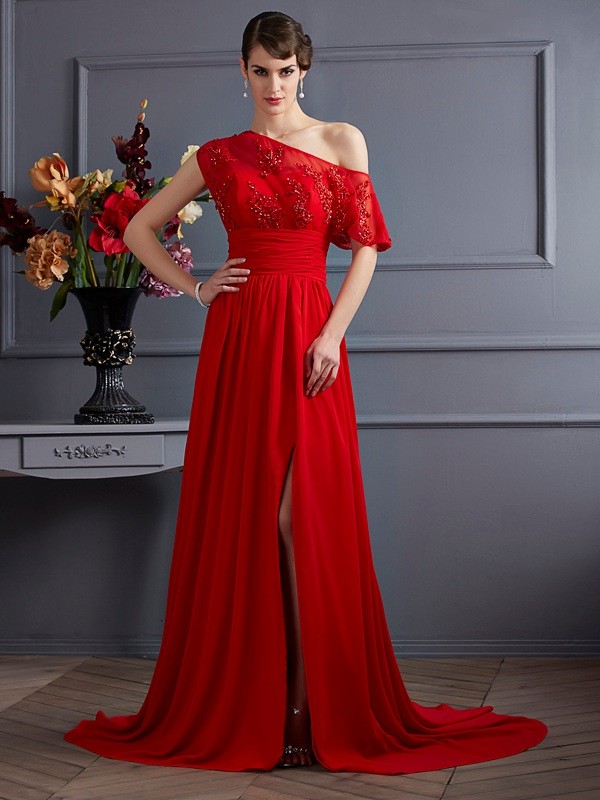 A-Line/Princess One-Shoulder Sleeveless Applique Long Chiffon Dresses 3879